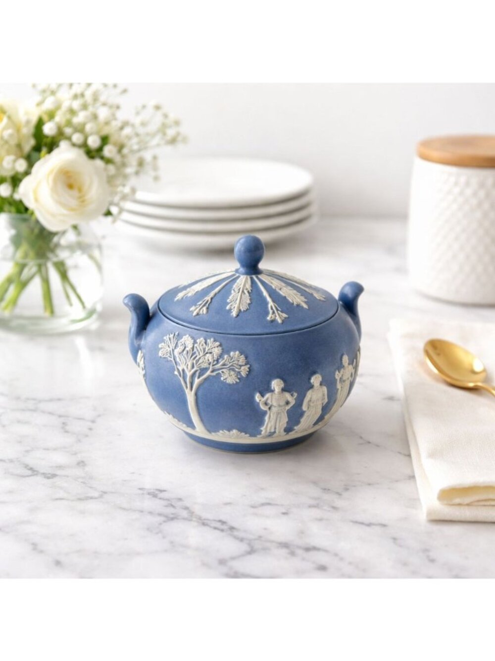 Wedgwood Blue Jasperware Covered Sugar Bowl Classic English Pottery Decor Vtg